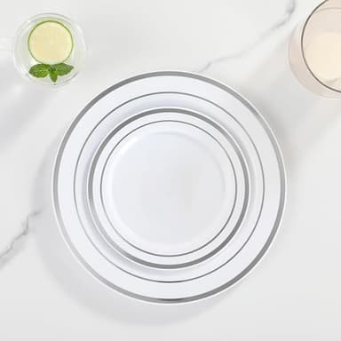 AOZITA 200Pcs Silver Plastic Plates, Disposable Plastic Party Plates for Party, Wedding and Birthday - Image 5