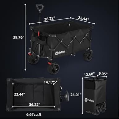 Sekey 220L Collapsible Foldable Wagon with 330lbs Weight Capacity, Heavy Duty Folding Utility Garden Cart with Big All-Terrain Beach Wheels & Drink Holders. Black - Image 3
