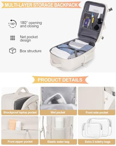 Getravel Travel Backpack For Women, Airline Approved Personal Item Bag, Carry On Backpack,17 Inch Laptop School Backpack, Waterproof Casual Overnight Bag, Hiking Backpack (Beige) - Image 6