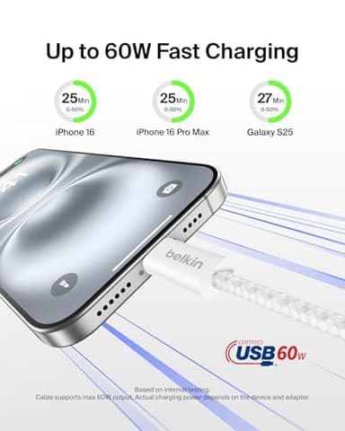Belkin USB C to USB C Cable 2-Pack, 3.3ft, 60W - Type C Charger, iPhone Charger Cord, Soft, Braided, Flexible for iPhone 17, Galaxy S25, Pixel 10, Airpods, iPad Pro & More, Travel Essentials - White - Image 3