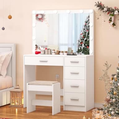 usikey Vanity Desk with Mirror and Lights, Vanity with Charging Station, Makeup Vanity with Large Mirror & 5 Drawers, Dressing Vanity Table with Stool for Bedroom, White - Image 2