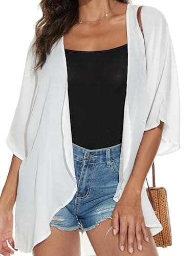 Women Summer Tops Kimono Cardigans Sheer Beach Cover Ups Chiffon Open Front Shirts （White,3XL - Image 4