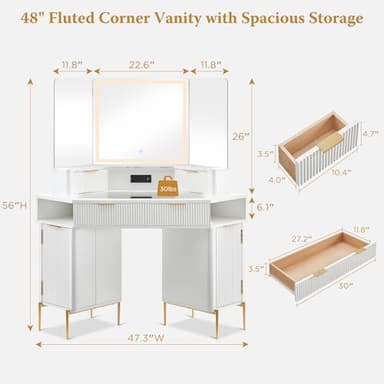 T4TREAM Corner Vanity Desk with Mirror and Lights, Fluted Vanity with Glass Top, Fixed Three-Panel Mirror & Charging Outlet, Dressing Table with 3 Drawers & 2 Storage Cabinets for Bedroom, White - Image 2