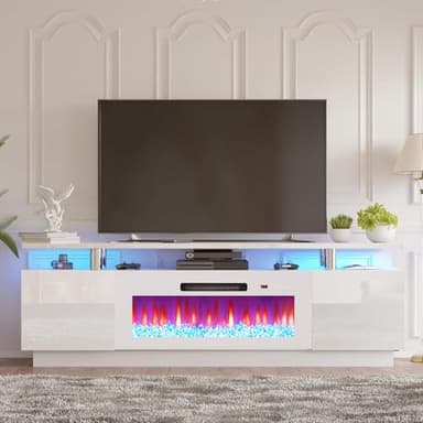 AMERLIFE Fireplace TV Stand with 36" Fireplace, 70" Modern High Gloss Fireplace Entertainment Center LED Lights, 2 Tier TV Console Cabinet for TVs Up to 80", White & White - Image 7