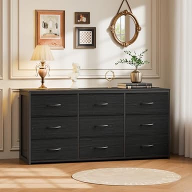 OURPIC Black Dresser for Bedroom, Long Dresser for Closet, 9 Drawer TV Stand for 65 Inch TV, 15.75” Deepth Fabric Drawer, Chest of Drawer Large Storage Organizer, Hallway Furniture, Wooden Top Side - Image 2