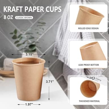SIUQ 400 Pack 8 oz Kraft Paper Cups, Unbleached Disposable Paper Coffee Cups, Thickened Hot/Cold Beverage Drinking Cup for Party, Home, Cafes, Bistros, Businesses (Brown) - Image 2