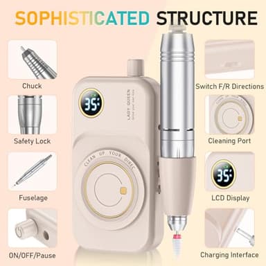 Portable Nail Drill Electric File: 35000RPM Professional Rechargeable Nail E File Machine,for Acrylic Nails Gel Polishing Removing, Cordless Efile with Bits Kit for Manicure Salon Home (Pink) - Image 7