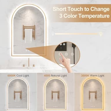 OUMUSU Arched LED Bathroom Mirror 20"x30", Orange Gold Bathroom Mirror with Lights-Anti-Fog, Dimmable-LED Mirror for Bathroom,3 Colors - Image 4
