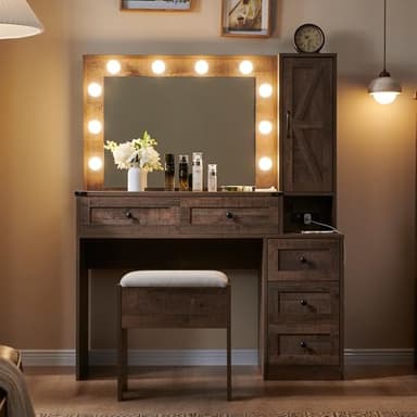 JXQTLINGMU Farmhouse Vanity Makeup Desk with Charging Station, 43" W Vanity Desk with Lights Mirror and Drawers for Makeup, Big Modern Makeup Table Set with Stool for Bedroom, Light Brown - Image 2