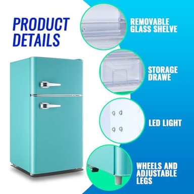 Small Refrigerator with Freezer Double Door Mini Fridge Adjustable Glass Shelves, Detachable Handle,7 Level Temperature Control Fridge for Dorm, Office, Apartment Blue - Image 4