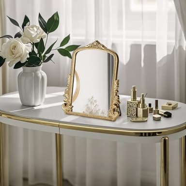 Vintage Makeup Mirror, Vanity Desk Mirror Antique Traditional Tabletop Mirror, Standing, Hang or Wall Mounted, Adjustable Dress-up Mirror, Gold Decor Mirror for Living Room,Bedroom (gold, 12*9.8 in) - Image 4