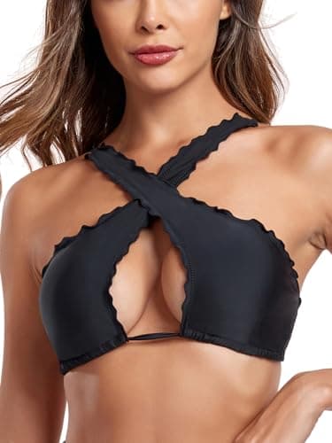 RELLECIGA Women's Black Wavy Halter Bikini Top Criss Cross Cutout Bathing Suit Size X-Large - Image 1
