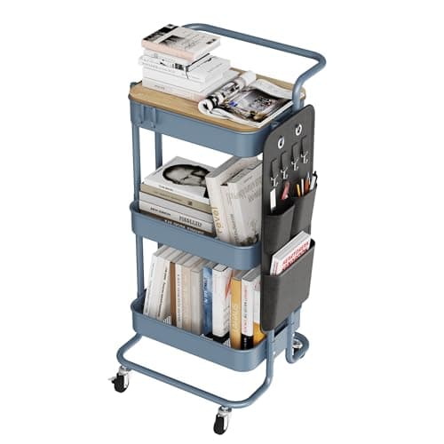 DTK 3 Tier Metal Utility Rolling Cart with Table Top and Side Bags, Metal Tray Storage Organizer Cart with Wheels, Art Craft Cart with 4 Hooks for Kitchen Bathroom Office Living Room (Blue) - Image 1