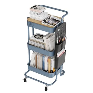 DTK 3 Tier Metal Utility Rolling Cart with Table Top and Side Bags, Metal Tray Storage Organizer Cart with Wheels, Art Craft Cart with 4 Hooks for Kitchen Bathroom Office Living Room (Blue) - Image 1