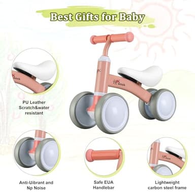 Baby Balance Bike Cute Toys for 1 Year Old Boy and Girl 12-24 Months Toddler Bike Baby Walker Riding Gifts for Boys Girls No Pedal Infant 4 Wheels Baby's First Birthday Gift (Pink) - Image 2