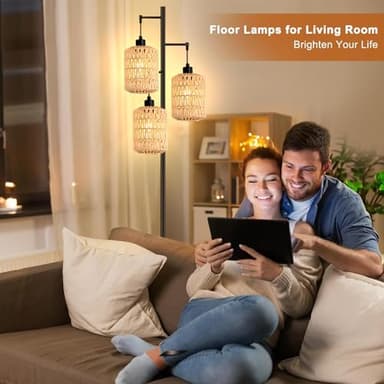 QIYIZM Floor Lamp for Living Room,Bedroom,3-Lights Boho Rattan Tree Floor Lights,Industrial Black Farmhouse Standing Lamp Wicker Rustic Tall Lamp,Woven Bamboo LampShade Floor Lamps Bohemian - Image 6