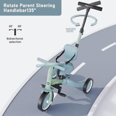 newyoo Toddler Tricycle with Push Handle for 1-3 Year Old, Toddler Bike, Birthday Gifts and Toys for Boys and Girls, 5 in 1 Kids Trike, Convert to Baby Balance Bike, Green, TR007 - Image 4