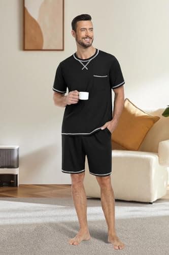 PrinStory Men's Pajamas Set Sleepwear Lightweight Short Sleeve Shirts and Shorts Soft 2 Piece Lounge Cozy Nightwear Black US L - Image 3