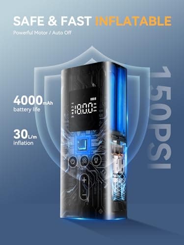 AIRSURE Tire Inflator Portable Air Compressor, 150 PSI Fast Inflation Cordless Air Pump with LED Light, Auto Shut-Off, Rechargeable Battery for Car, Motorcycle, Bike, and Sports Balls - Image 5