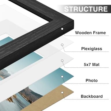 Vittanly 8x10 Picture Frames Set of 9, Shatter Resistant Plexiglass, Display 5x7 Pictures with Mat or 8x10 without Mat, Photo Frames for Wall or Tabletop, Engineered Wood, Black - Image 2