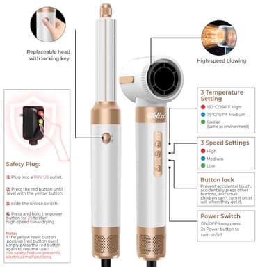 UKLISS Hair Dryer Brush 7 in 1，110000 RPM Hair Dryer with Diffuser for Curly & Twisted Hair Professional Ionic Brush Blow Dryer for Salon-Quality Styling, White Gold - Image 7