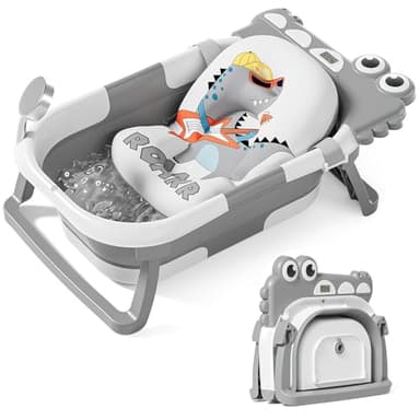 TPN Collapsible Baby Bathtub, Baby Bath Tub with Soft Cushion & Real-Time Thermometer, Baby Bathtub Infant to Toddler Tub (0-36 Months), Portable Travel Baby Tubs for Newborns (Grey) - Image 1