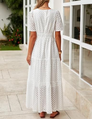ZESICA Women's 2025 Summer Short Sleeve Maxi Dress Casual V Neck Hollow Out Eyelet Ruffle Swing A Line Long Dresses,White,Medium - Image 3