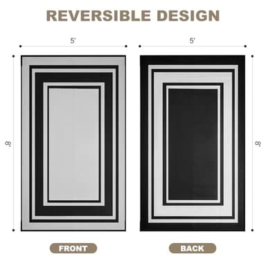 SatisInside Outdoor Rug 5x8 Ft Waterproof Plastic Straw Rugs for Patio,RV,Beach,Camping, Backyard,Porch, Picnic, Black&White - Image 2