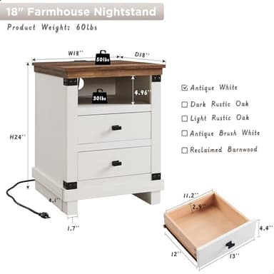 Farmhouse Nightstand Set of 2 with Charging Station, 18" Rustic Night Stand with 2 Storage Drawers, Wood End Table for Bedroom, Living Room, Antique White - Image 2