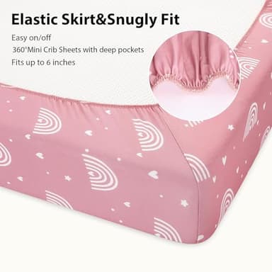 FIEMOL Baby Mini Crib Sheets Girl, Portable 38”x26” Pack and Play Sheets Fitted for Playard and Pack N Play Mattress, 3-Pack Soft Microfiber Pink Rainbow - Image 7