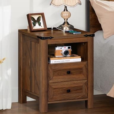 Joaxswe Nightstands Set of 2 with Charging Station, Farmhouse Side End Table with 2 Drawers and Open Shelf, Wood Rustic Sofa Table, Bedside Cabinet for Bedroom, Living Room, Closet, Office(Brown) - Image 7