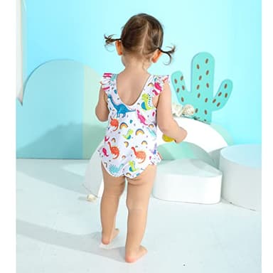 YOUNGER TREE Toddler Baby Girls Swimsuit Infant One Piece Bathing Suits Cute Dinosaur Beach Wear Sunsuit Ruffle Swimwear (3T-4T, White)… - Image 2