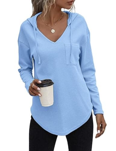 morhuduck Women's V Neck Hoodies Long Sleeve Sweatshirt Drawstring Pullover Tops with Pocket, Blue L - Image 1
