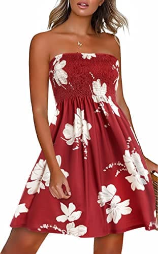 Sundresses for Women Casual Beach Summer Strapless Coverups Tube Tops Off The Shouder Dresses (WineRed,M) - Image 1
