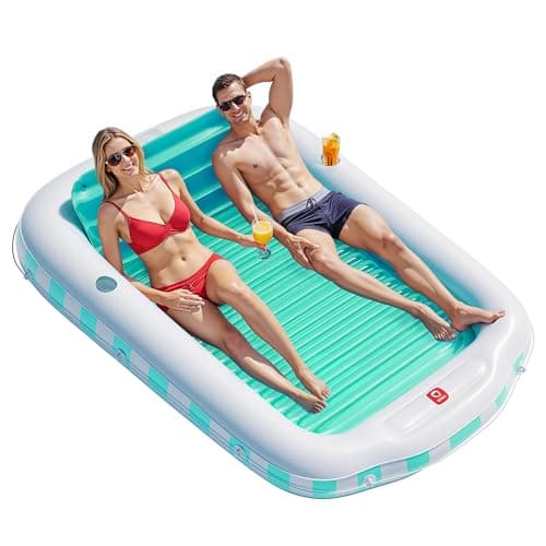 QPAU Inflatable Tanning Pool Float for Adults, 82" x 60" XL Sun Lounger with Removable Pillow, Footrest, Cup Holders, Cushion Base, Durable PVC, for Pool, Patio, Garden, Lake Use - Image 1