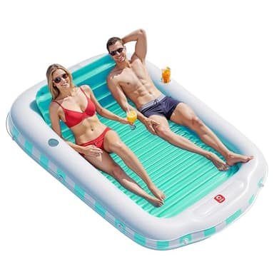 QPAU Inflatable Tanning Pool Float for Adults, 82" x 60" XL Sun Lounger with Removable Pillow, Footrest, Cup Holders, Cushion Base, Durable PVC, for Pool, Patio, Garden, Lake Use - Image 1