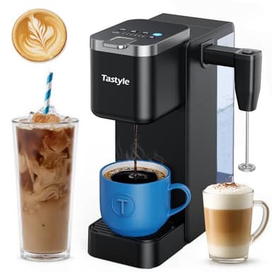 Tastyle Single Serve Coffee Maker with Built-in Detachable Milk Frother, Iced and Hot Coffee Machine for K Cup & Grounds, 40oz Removable Water Reservoir, 6 Cup Sizes, Fits 7.3" Travel Mug, Black - Image 1