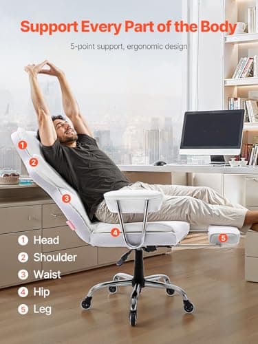 VEVOR Reclining Office Chair with Footrest, Heavy Duty PU Leather Oversize Office Chair, Big and Tall Executive Office Chairs with Lumbar Support, Strong Metal Base Quiet Wheels, White - Image 3