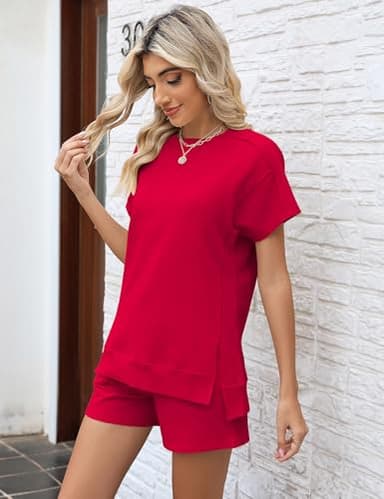 LOMON Womens Lounge Sets 2 Piece Outfits 2025 Summer Comfort Shorts Set Fashion Short Sleeve Trendy Sweatsuits(Red,M) - Image 3