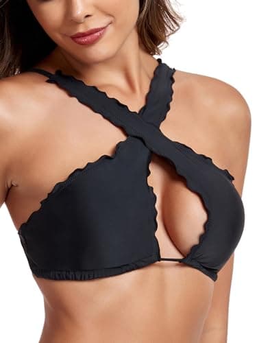 RELLECIGA Women's Black Wavy Halter Bikini Top Criss Cross Cutout Bathing Suit Size X-Large - Image 4