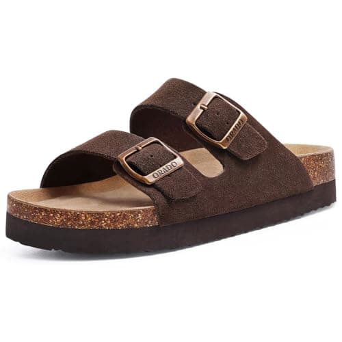 ORADO Platform Suede Sandals for Women Soft Cork Footbed Summer Slides with Adjustable Buckle, Brown 39 (size 8-8.5) - Image 1