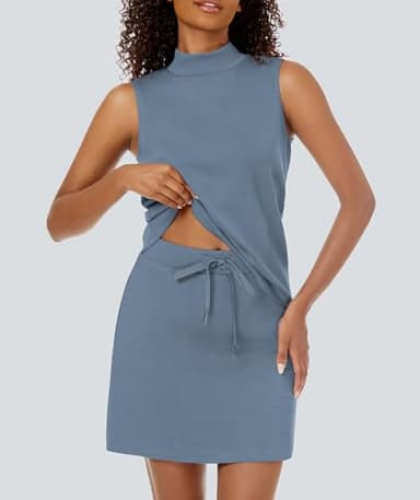 Casly Lamiit Two Piece Skort Set for Women Summer Tennis Outfits Active Wear Workout Track Suit Mock Neck Tops Short Skirt Loungewear Blue Grey L - Image 4