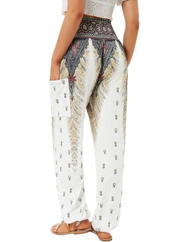 QIANXIZHAN Women's Harem Pants, High Waist Yoga Boho Trousers with Pockets White M - Image 2
