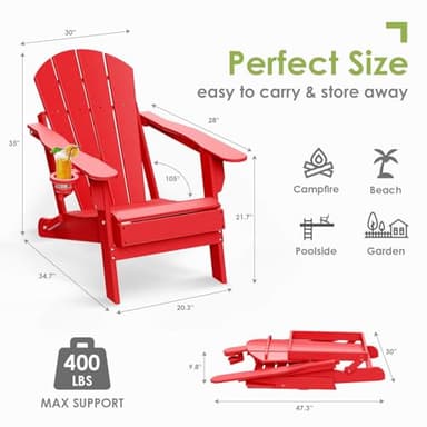 GREENVINES Folding-Adirondack-Chairs-Set-of-2 | HDPE Plastic | Fire Pit Chair | All Weather | Cup Holder | Red | for Deck Backyard Patio Outdoor Garden - Image 2