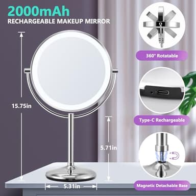 Rechargeable 10x/1x LED Makeup Mirror with Lights, Magnification & 3 Color Modes - 9 Inch, Type C Charging, 2000mAh Battery, Lighted Vanity Mirror for Desk, Magnifying Mirror for Makeup Enthusiasts - Image 5
