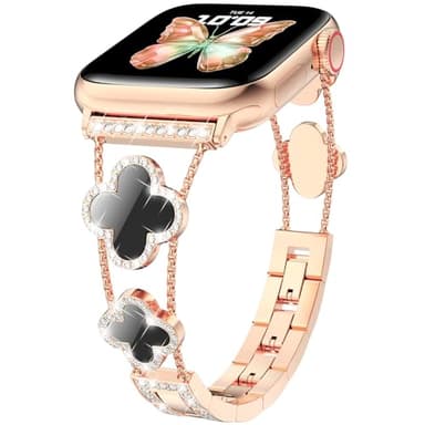 CTYBB Bling Diamond Band Compatible with Apple Watch Bands for Women 40mm 41mm 38mm 42mm Series 11 10 9 8 7 6 5 4 SE 3 2 1, Sparkle Metal Bracelet Wristband, Cute Lucky Clover Dressy iWatch Band,Rose Gold/Black - Image 1