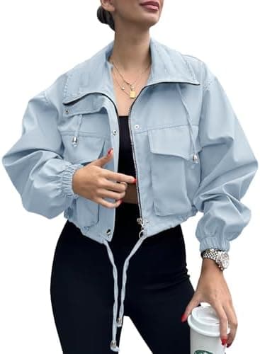 Tankaneo Womens Cropped Jacket Zip Up Lightweight Oversized Utility Anorak Coat with Pockets - Image 3