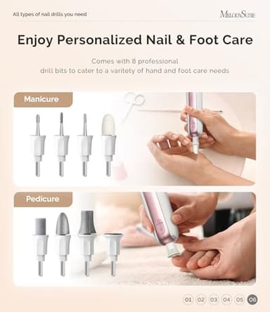 MelodySusie Professional Manicure Pedicure Kit,8-in-1 Electric Nail Drill Set with 5 Speeds,Rechargeable Cordless E-File with 360° LED Light,Perfect Hand Foot Care Trimmer Polish Tools - PC760G - Image 7