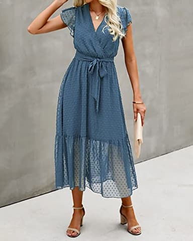 BTFBM Women Summer Bohemian Floral Casual Wrap V Neck Ruffle Cap Sleeveless Belt A-Line Pleated Hem Swing Midi Sun Dress (Swiss Dot Grey Blue, l) - Image 3