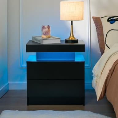 i-aplus Nightstand Set of 2 LED Nightstand with 2 Drawers, Bedside Table with Drawers for Bedroom, Side Bed Table with LED Light, Black - Image 3